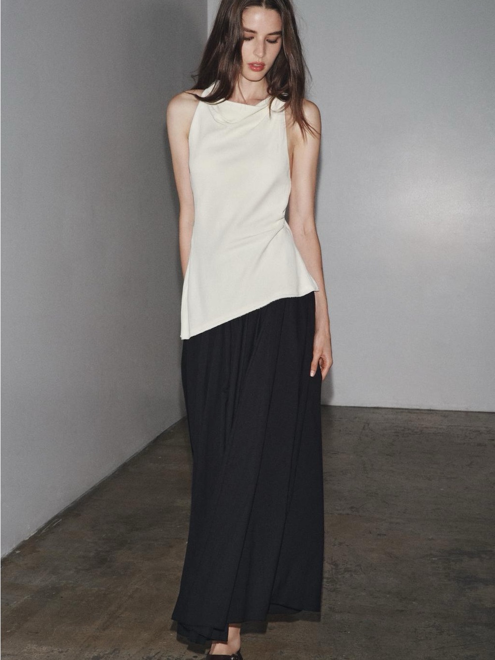 NWT. Zara ZW Collection Black/Cream Combined Long Dress. Size S.